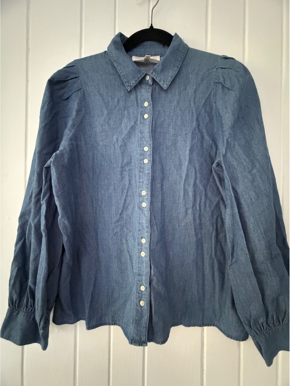 The Great Women's Blue Denim Button-Up Shirt Pleated Back and Puff Sleeves Small